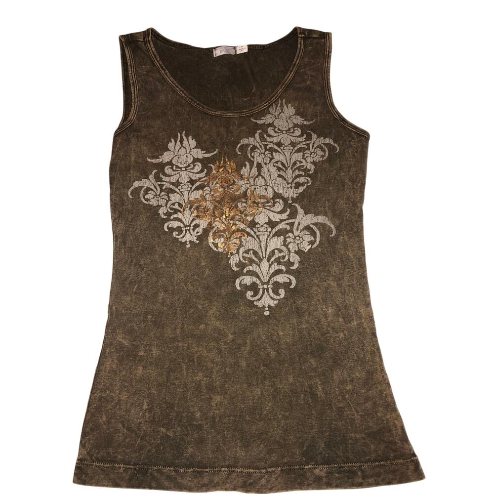 Y2K Tank Top Size M Acid Wash Brown Gold Foil Damask Floral Graphic 90s Revival